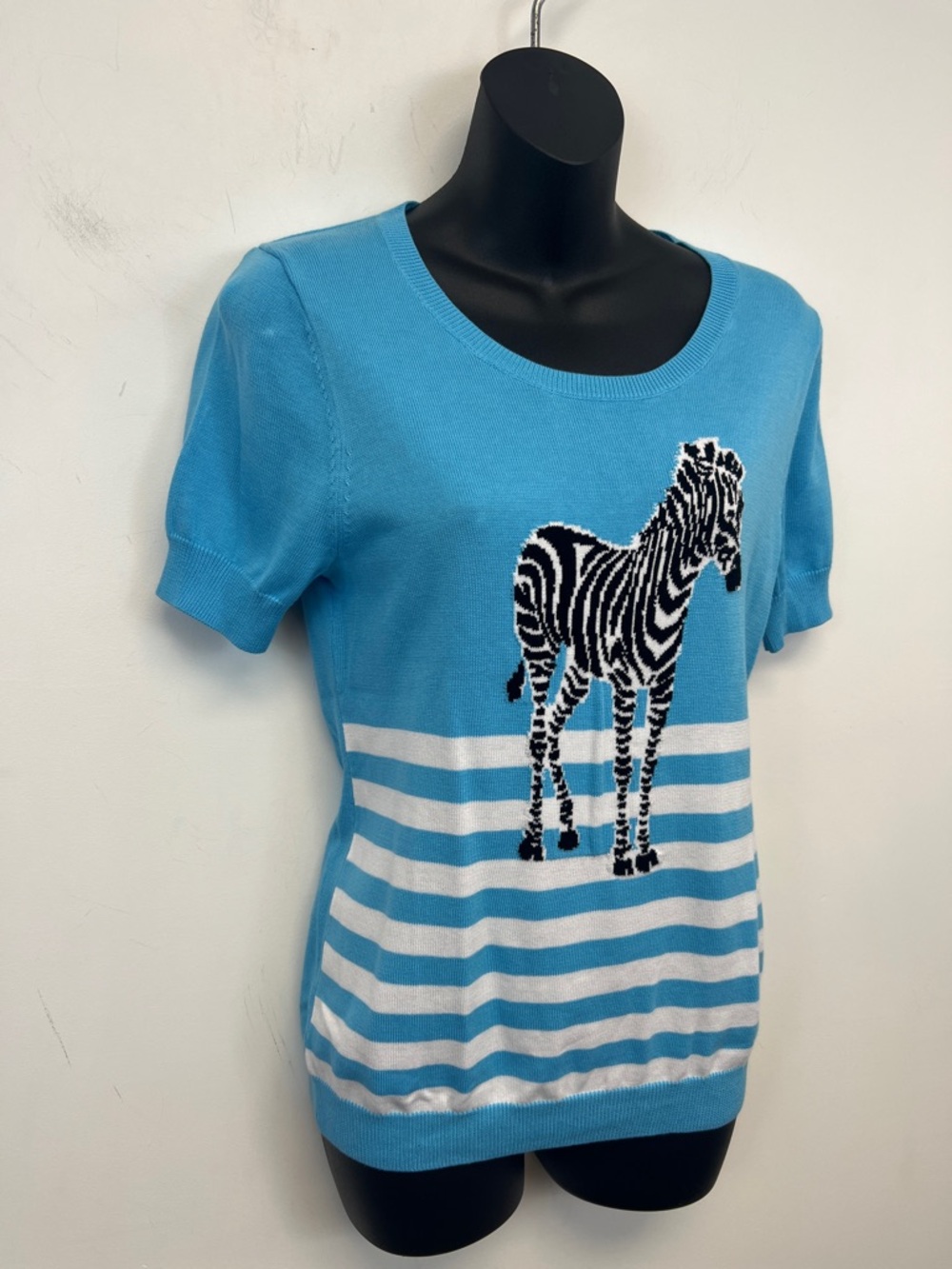 Talbots Blue White Zebra Short Sleeve Scoop Neck Summer sweater Size Small